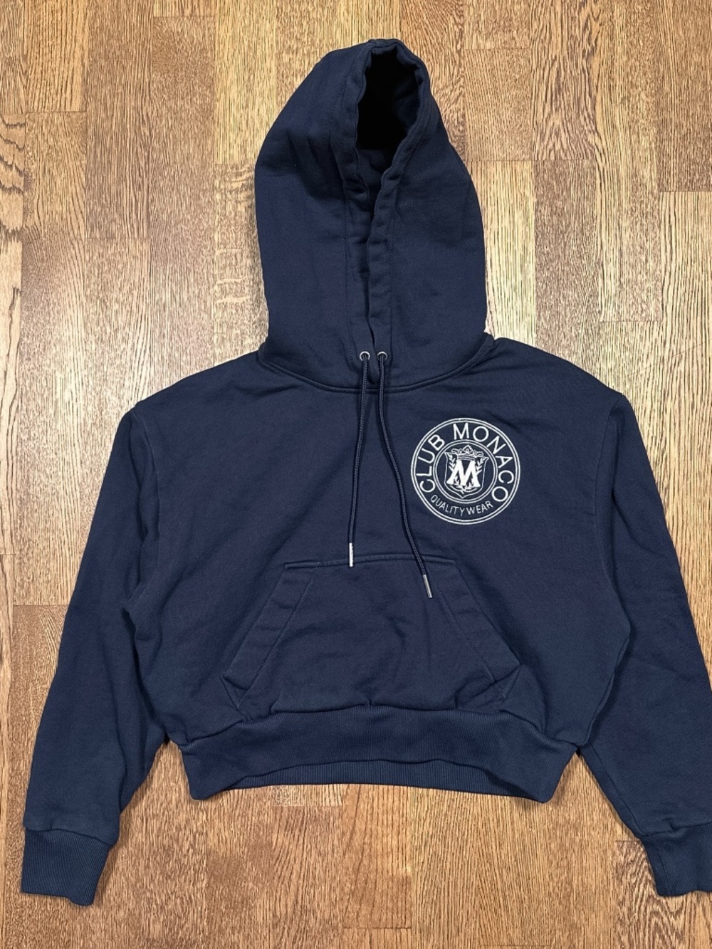 Club Monaco Cropped Embroidered Crest Logo Terry Fleece Hoodie Womens XXS